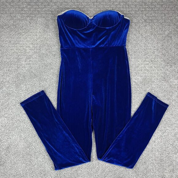 FAERIESTY Jumpsuit Womens XL Blue Velvet Strapless Sweetheart Rhinestone Bling - Picture 1 of 12